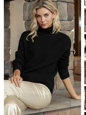 Ravella Tessa Cashmere Turtleneck Sweater in Black, Size Large